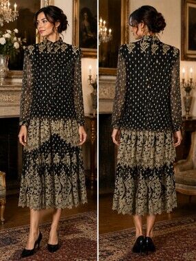 VTG Damianou Black Gold Lace Midi Dress Sz 5 USA Shoulder Pads 70s Glam Victoria
